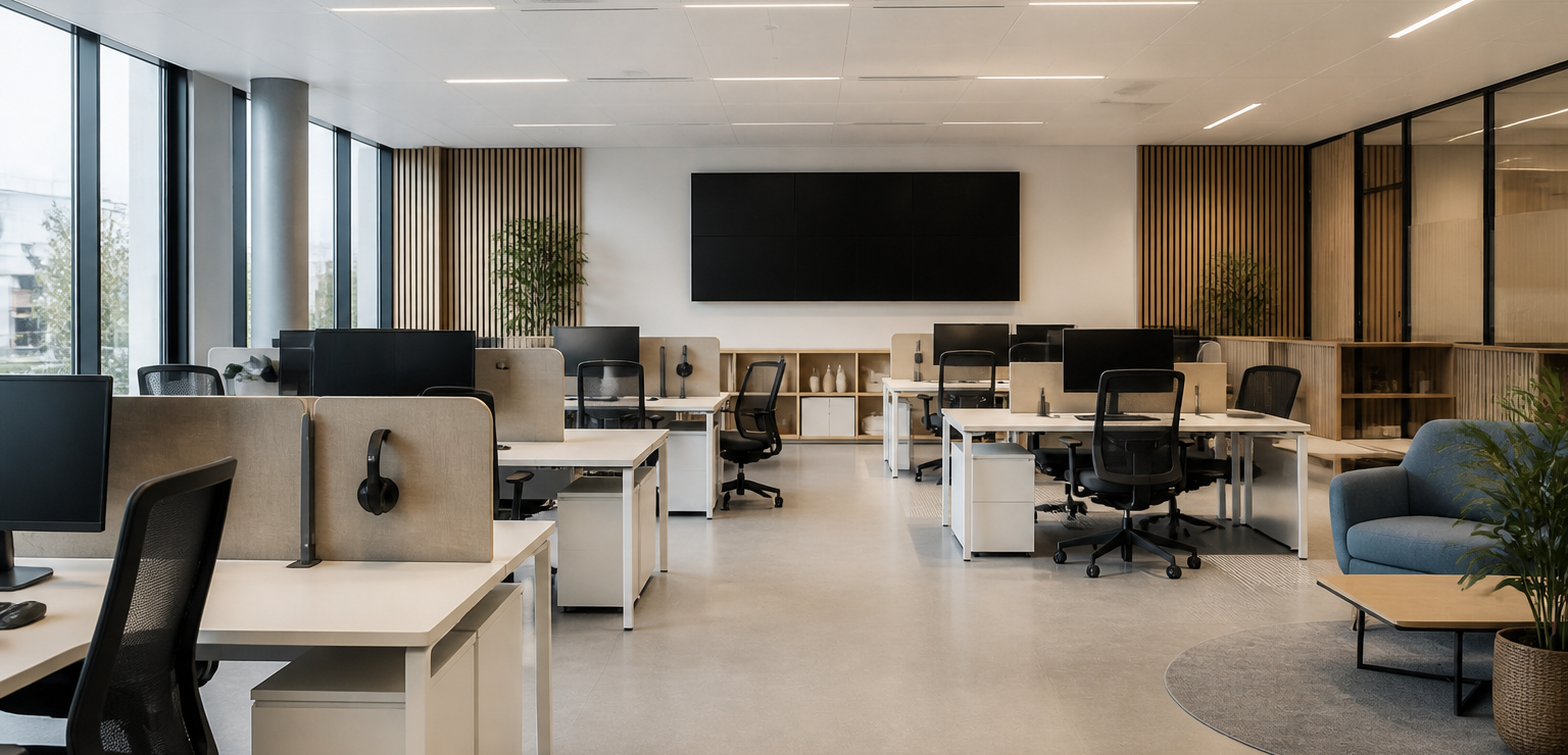Salle de formation moderne avec bureaux et écran